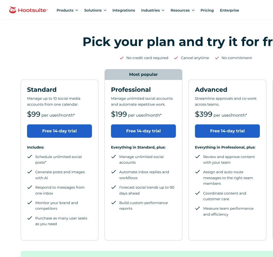 Hootsuite pricing page, 22 October 2026