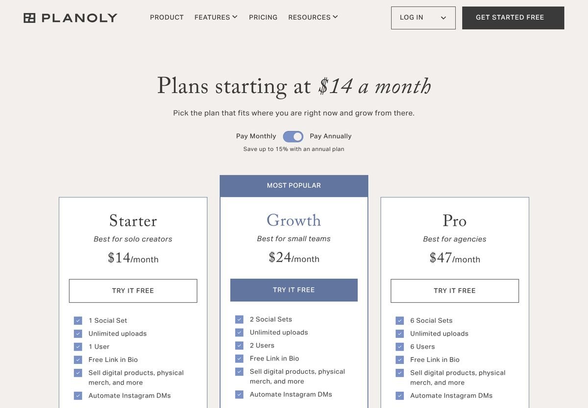 Planoly pricing page, 22 October 2026