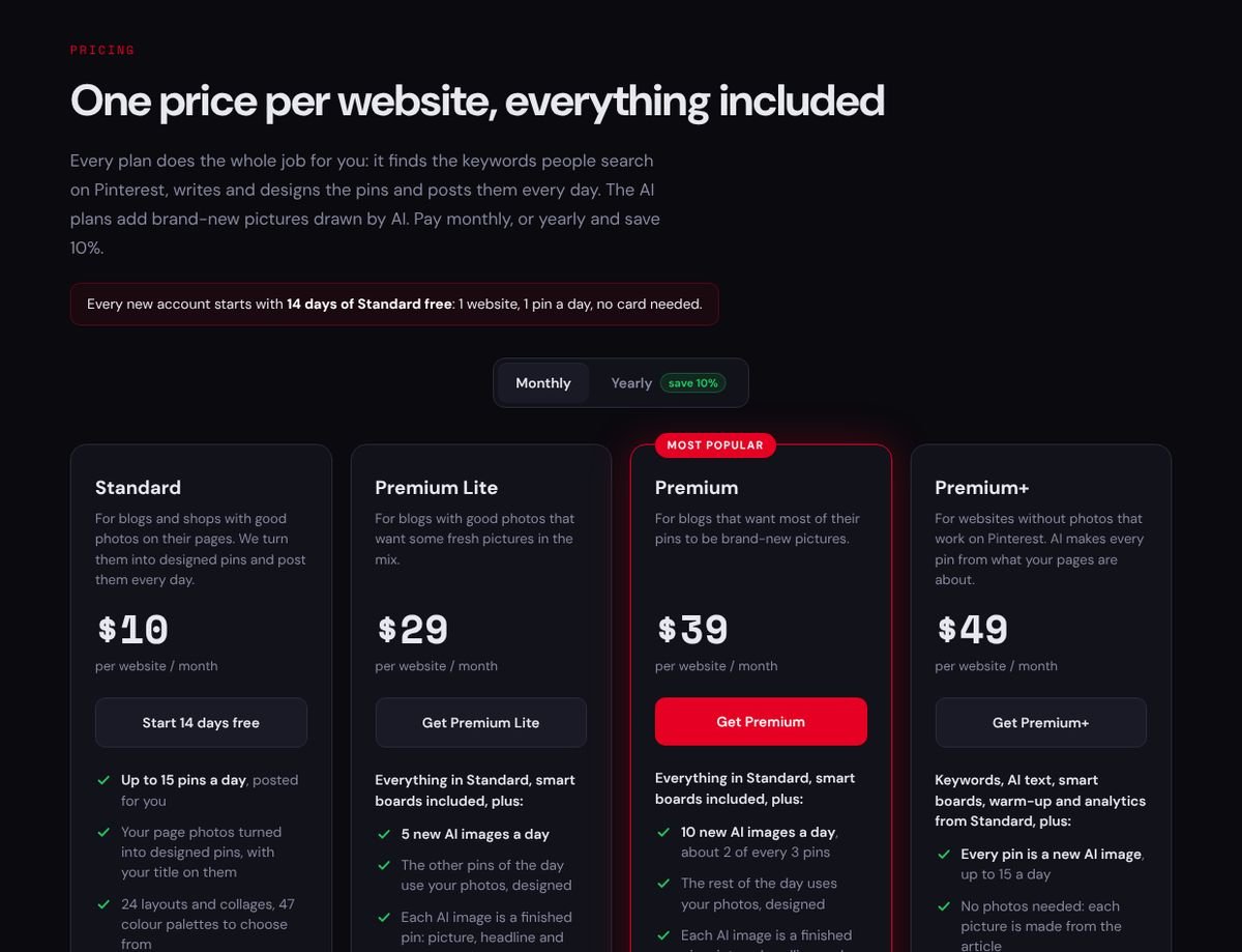 SiteToSocial pricing page, 22 October 2026