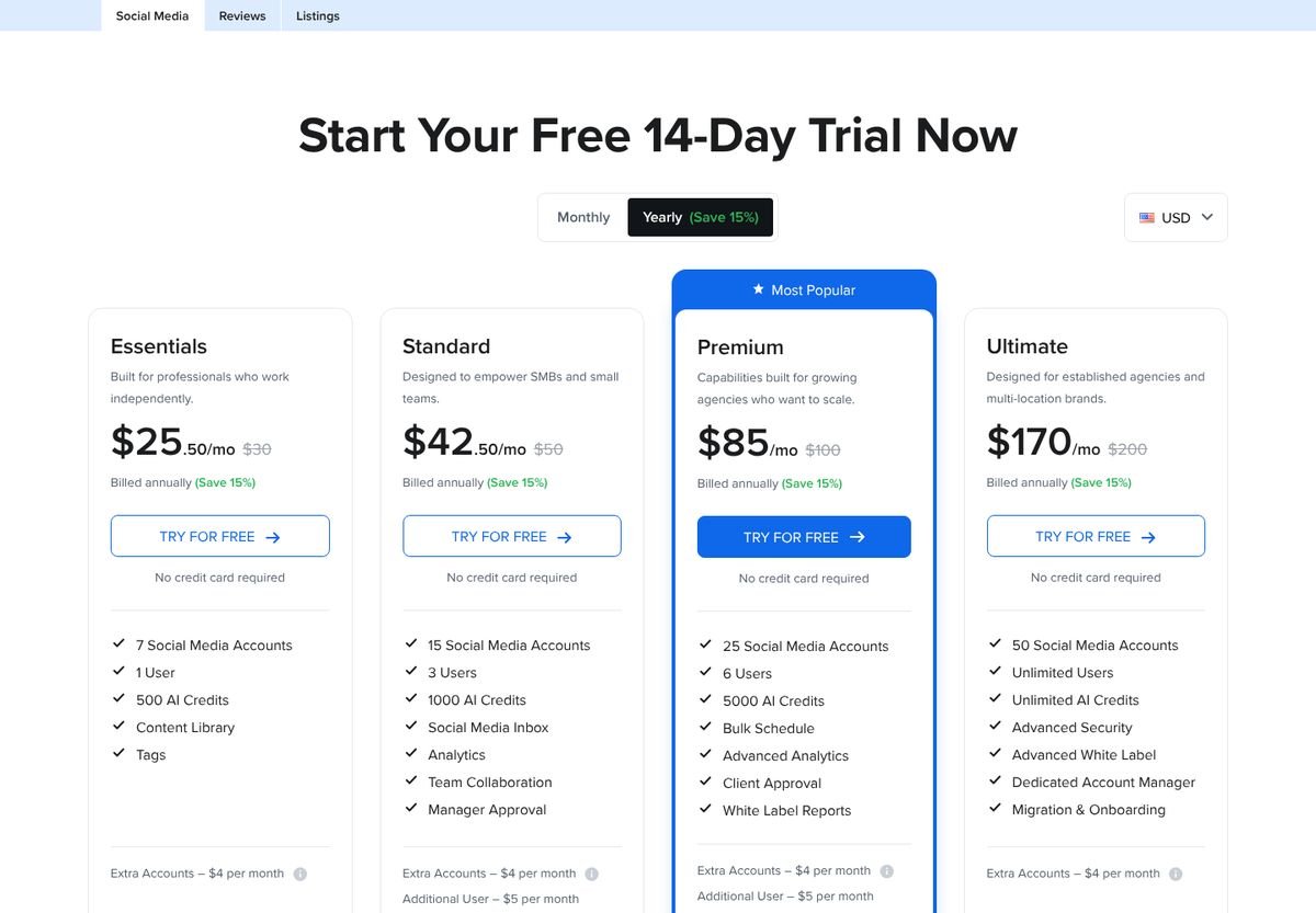 SocialPilot pricing page, 22 October 2026